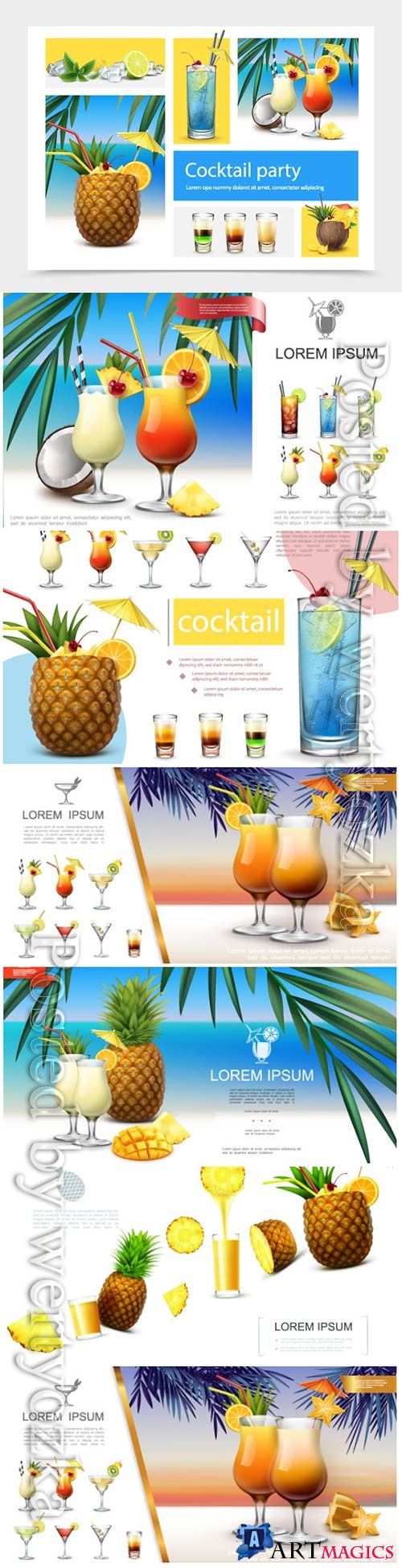 Realistic, summer, cocktails, vector, collection