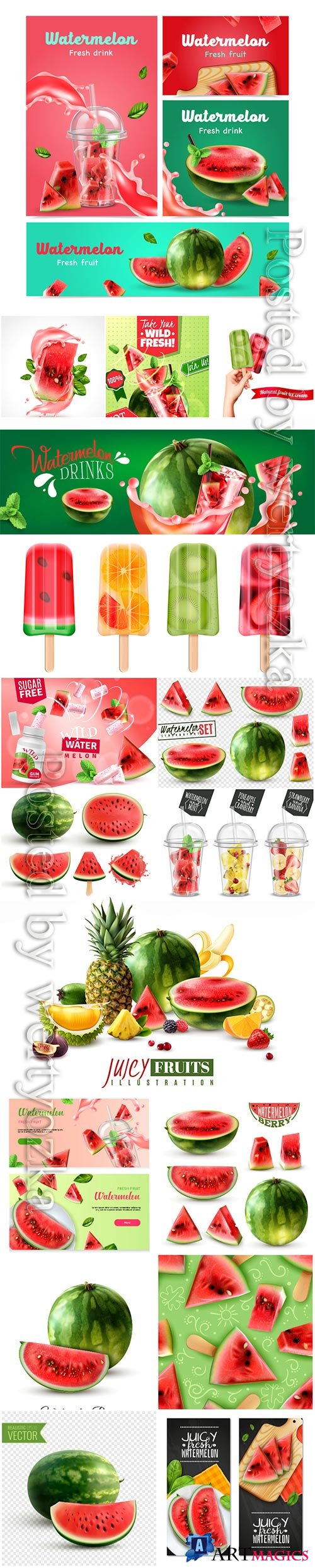 Watermelon realistic vector set, fruits, berries, fresh juices, ice cream