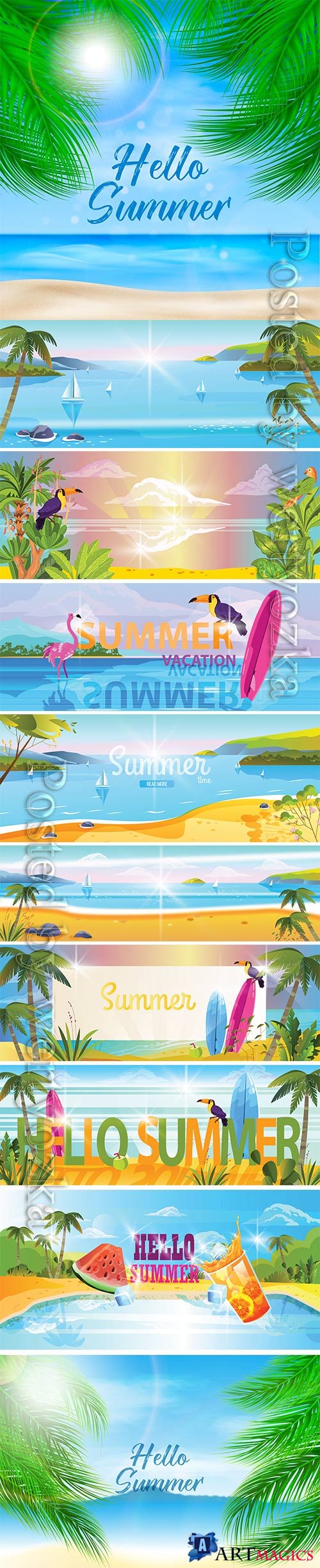 Summer vacation banner with topical landscape view