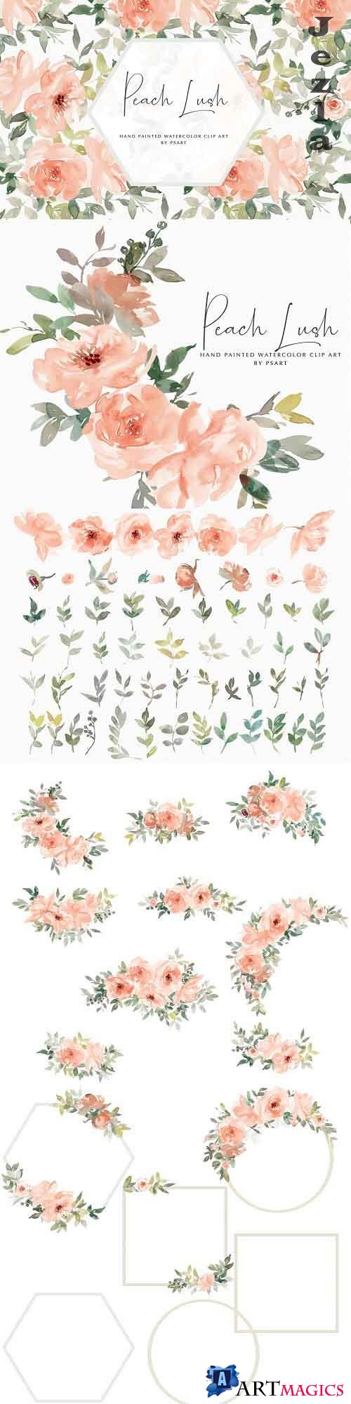 Watercolor Peach Floral Clipart Set - 4971181