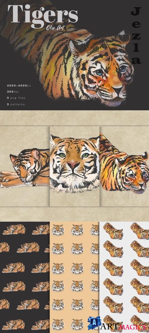 Tigers Watercolor Clip Art + Patterns