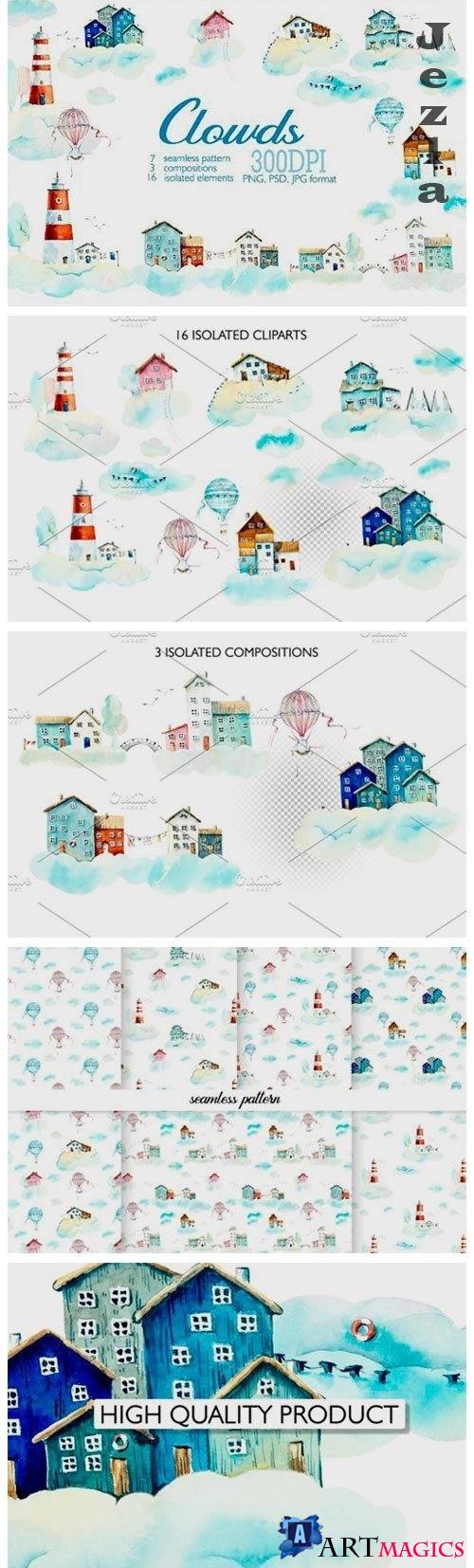 Watercolor houses in clouds - 4031732