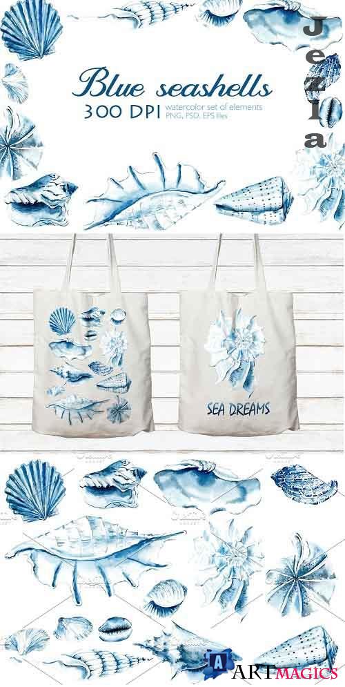 Watercolor blue sea shells - 3369998