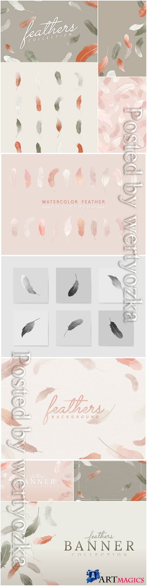 Floating feathers banner vector set