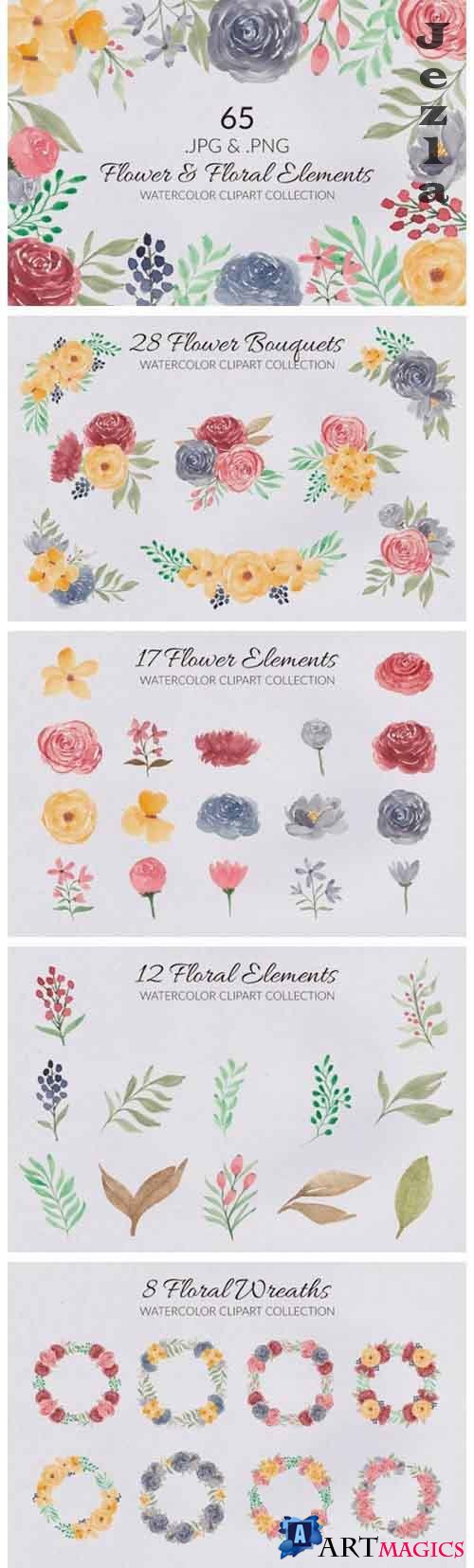 65 Flower and Floral Watercolor Illustration Clip Art - 591798