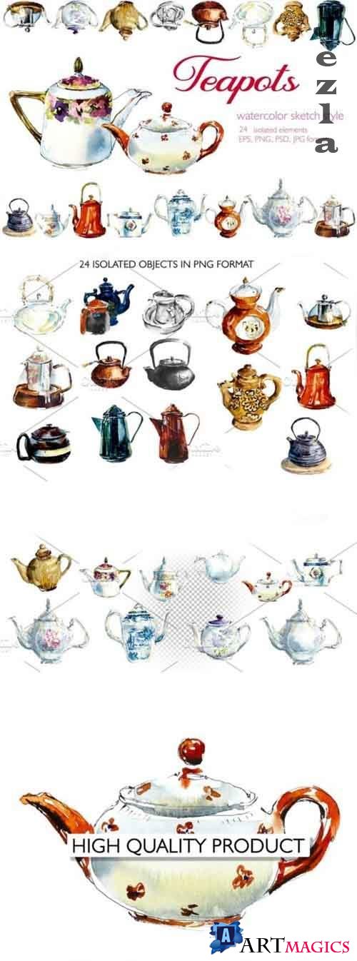 Watercolor vintage teapots - 2816047