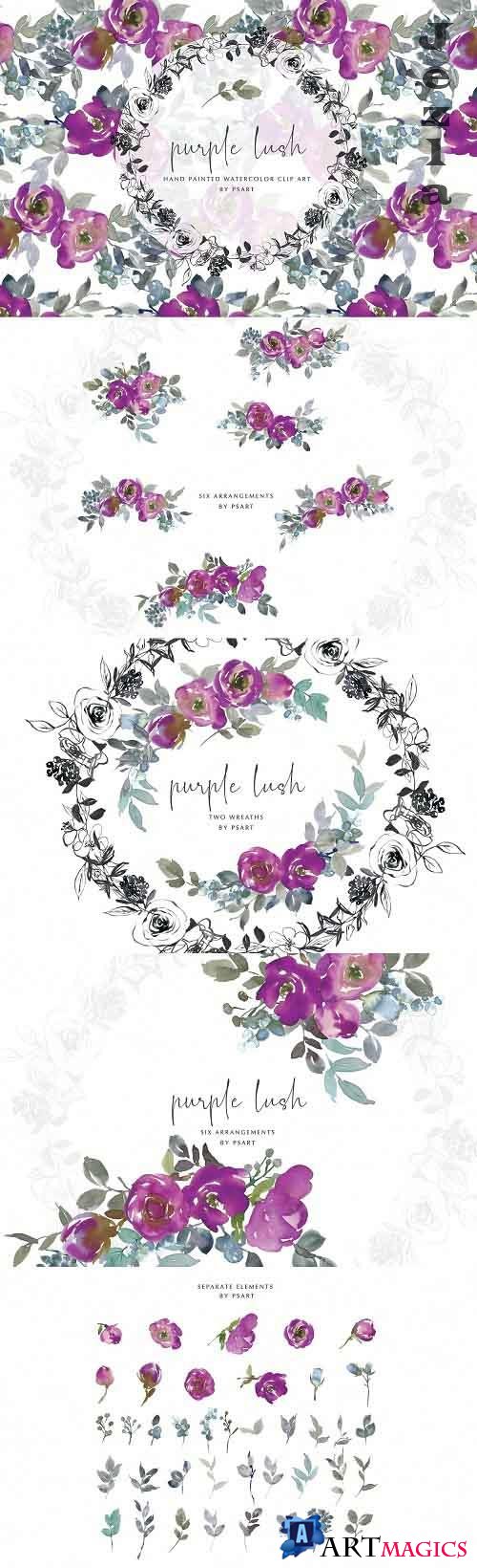 Watercolor Purple Floral Clipart Set - 5006909