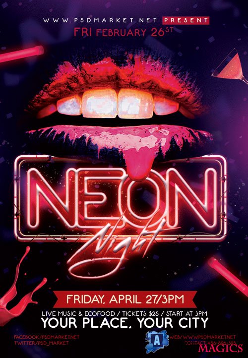 Neon night party - Premium flyer psd template