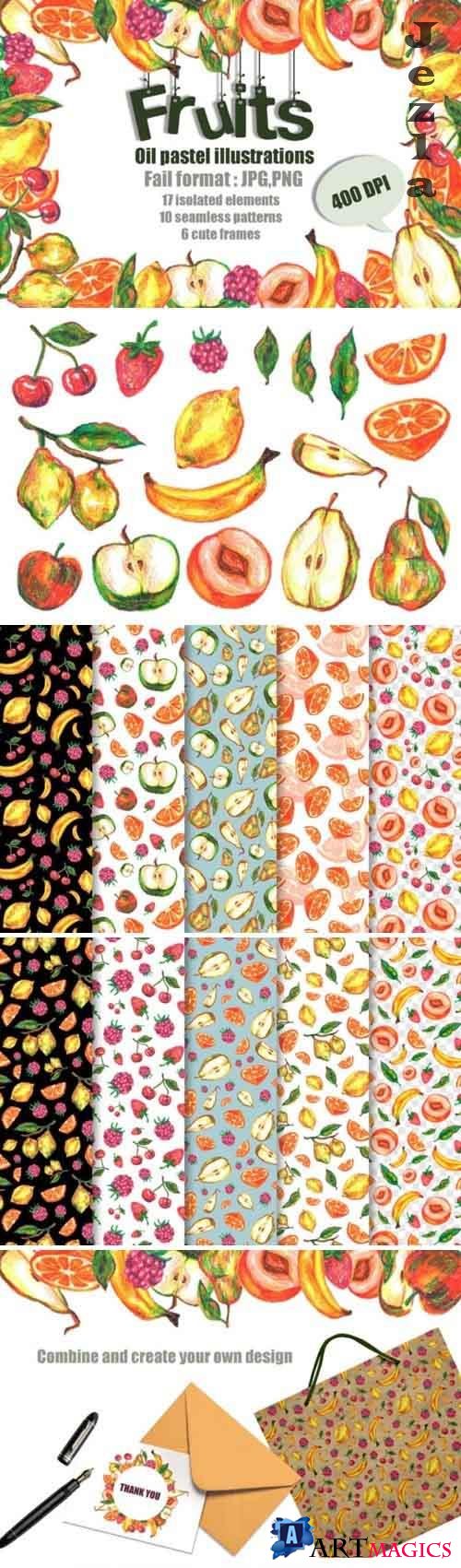 Fruits Oil Pastels illustrations set - 5009746