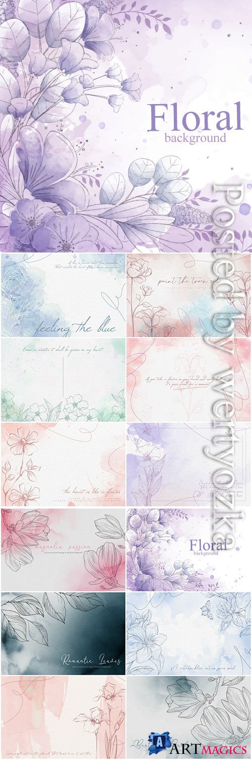 Watercolor flowers vector background in pastel colors
