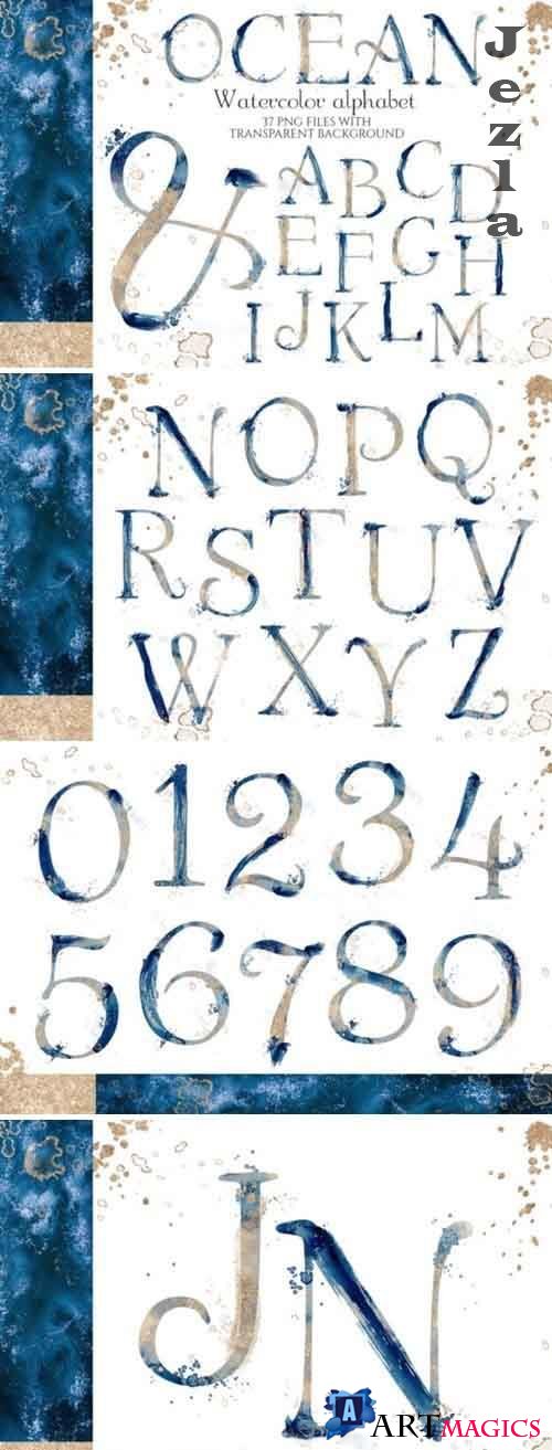 Abstract watercolor blue and gold alphabet - 645275