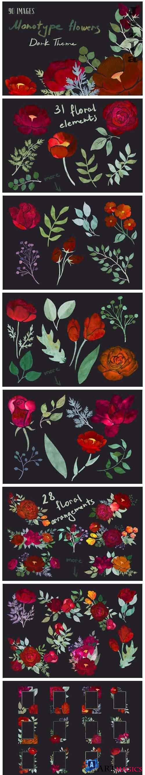 Dark Theme Monotype Flowers - 5024093