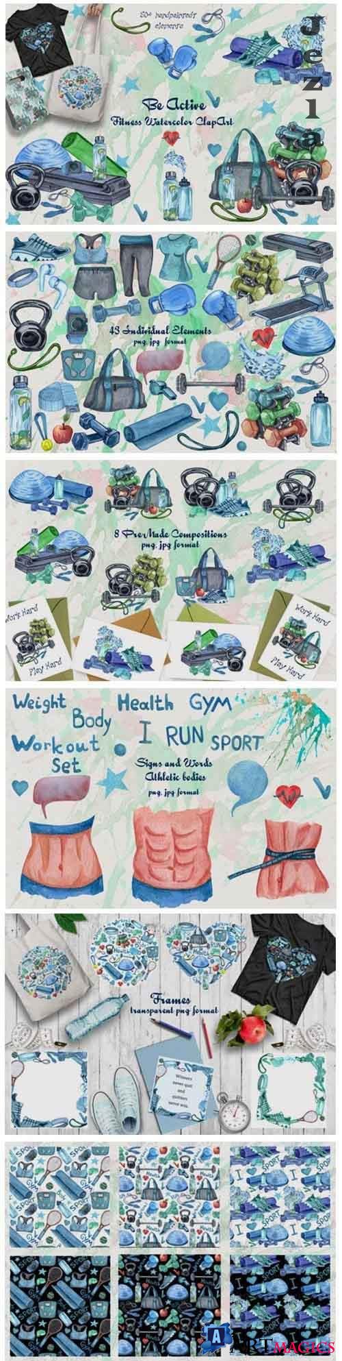 Be Active. Watercolor Fitness Clip Art  - 356599