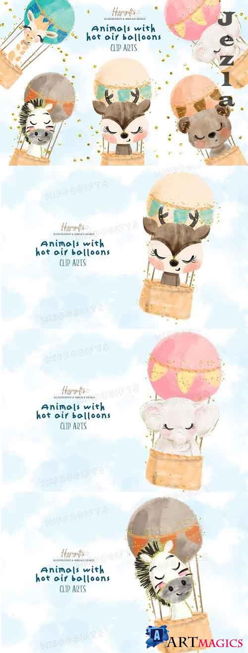 Watercolor animals with hot air balloon illustration  - 571121