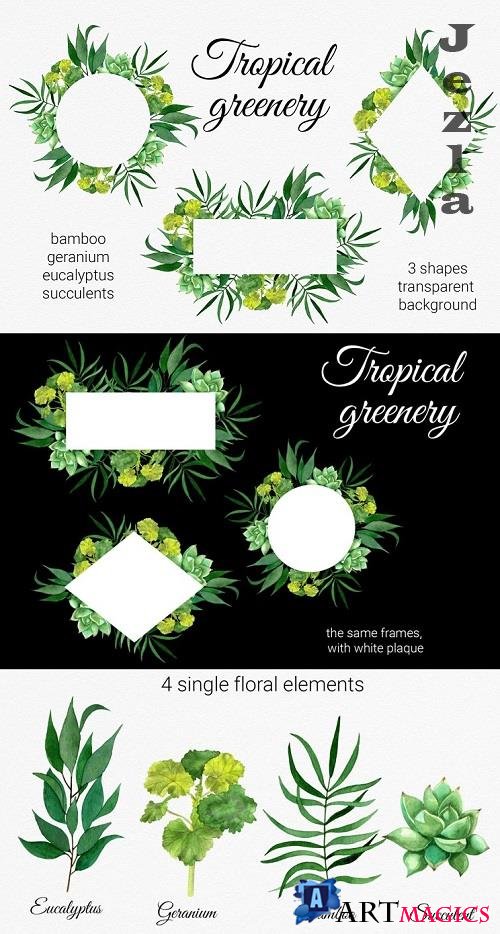 Tropical greenery clipart. Tropical leaf frames and elements - 656741