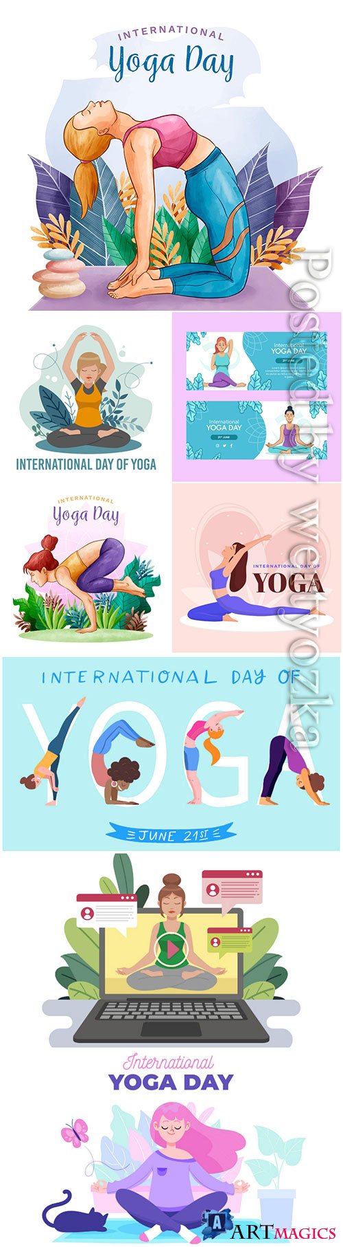 Watercolor international day of yoga vector set