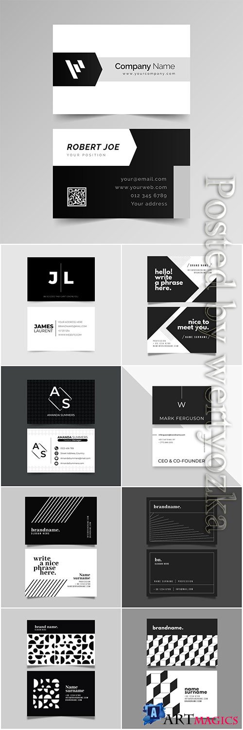 Monochrome template for business cards vector set