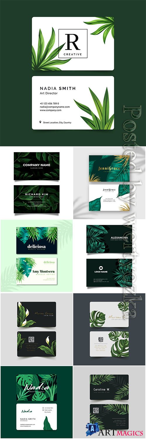 Business card with natural motifs pack vector set