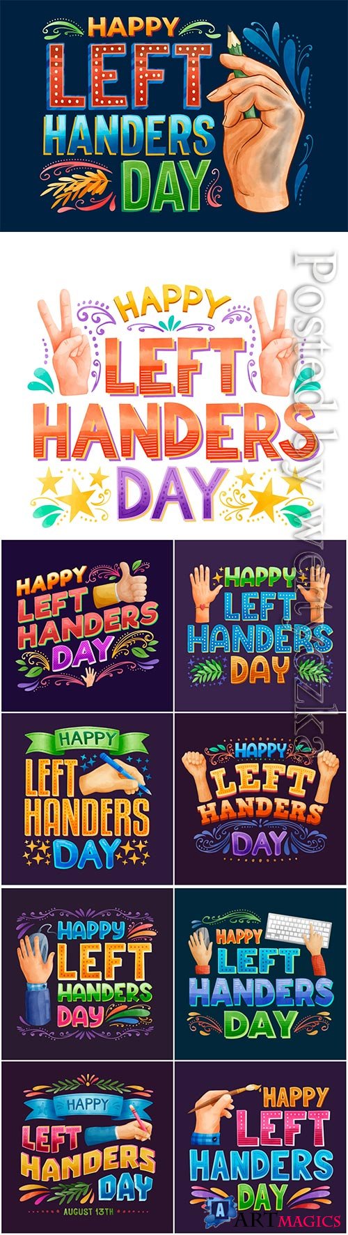 Left handers day lettering vector collection illustration