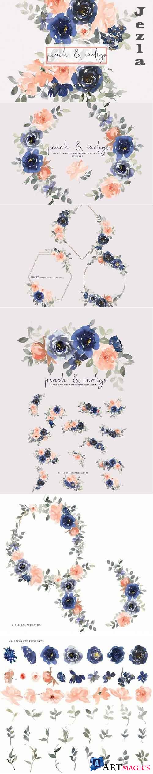 Watercolor Indigo and Peach Floral Bouquet Clipart - 661647