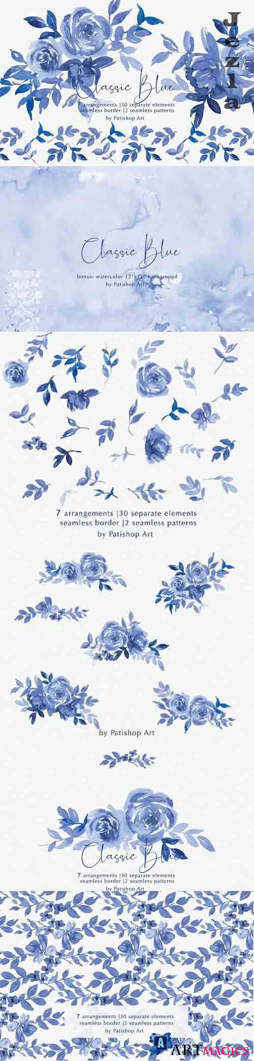 Classic Blue Watercolor Leafy Clipart Collection - 665281