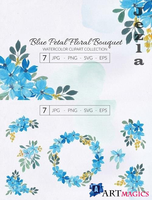 Watercolor Blue Petal Flower Bouquet - 665285