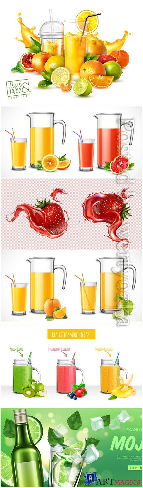 Fruits, fresh juices and drinks vector illustration