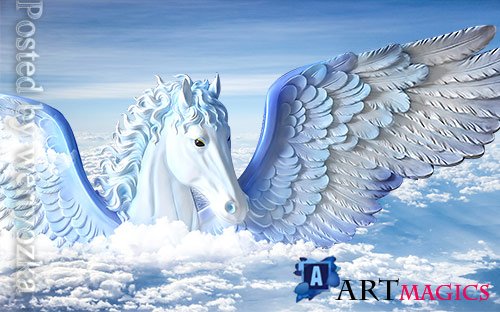 3D models template modern minimalist embossed flying horse blue background wall