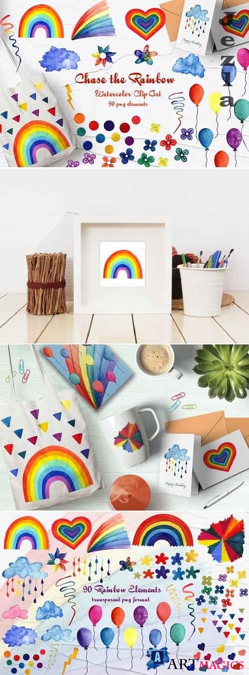 Chase the Rainbow Watercolor Clip Art. 600dpi - 541488