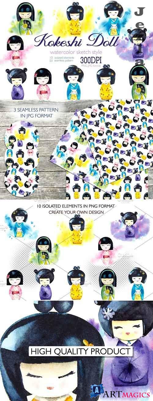 Watercolor clipart japanise doll - 5081355