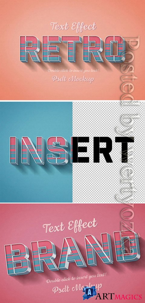 Retro 3D Text Effect with Pink and Blue Stripes