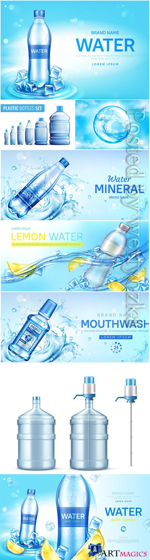 Water bottle ad banner, flask with drink, splashing water drops in vector # 3