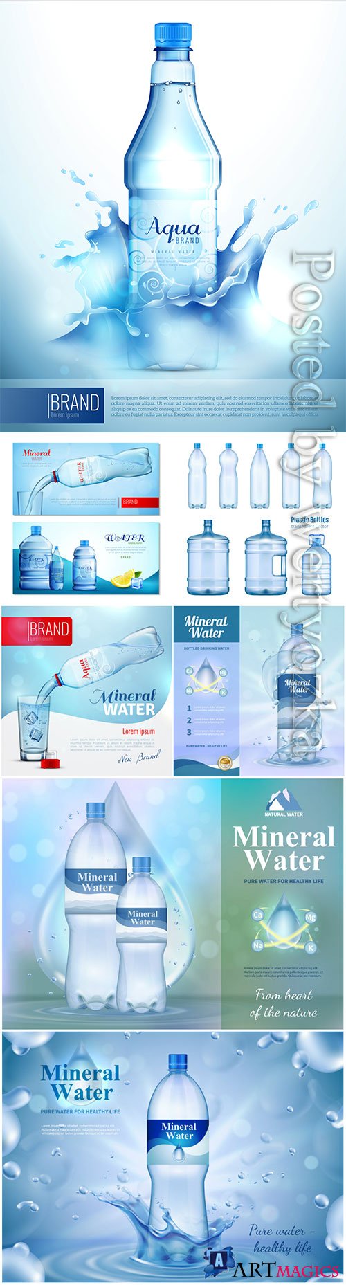 Water bottle ad banner, flask with drink, splashing water drops in vector