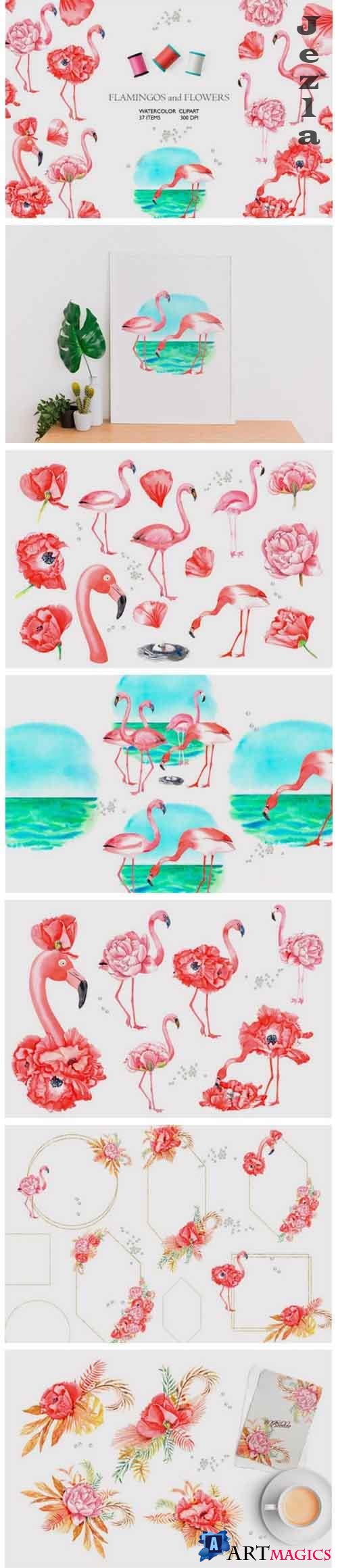 FLAMINGOS and FLOWERS watercolor clipart - 689448