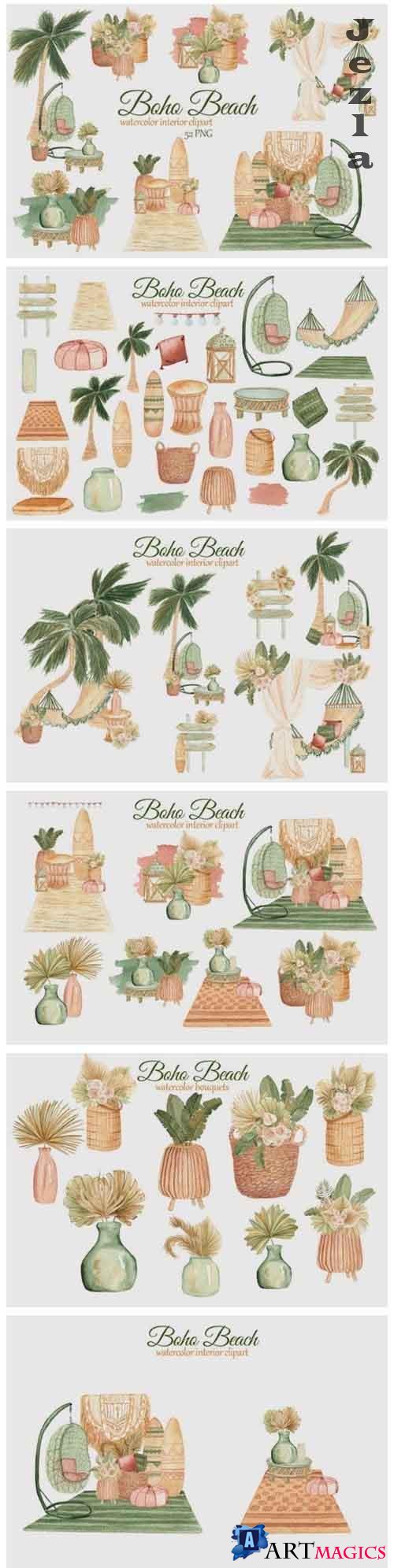 Boho Beach House Clipart. Watercolor boho interior clipart  - 704514