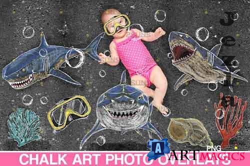 Sidewalk Chalk art Overlay, Baby Shark backdrop and Beach - 709661