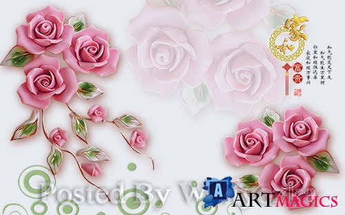 3D models pink jade carving three dimensional rose flower warm wall