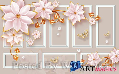 3D models template modern luxury pink jewels flowers gold leaves 