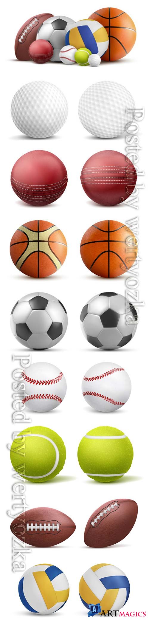 Sports balls, soccer, volleyball, baseball, tennis, golf, rugby vector template design