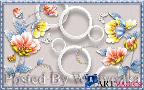 3D psd models new chinese style modern minimalist style three dimensional flower tv background wall