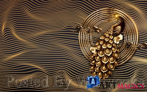 3D psd models modern black gold peacock gorgeous tv background wall