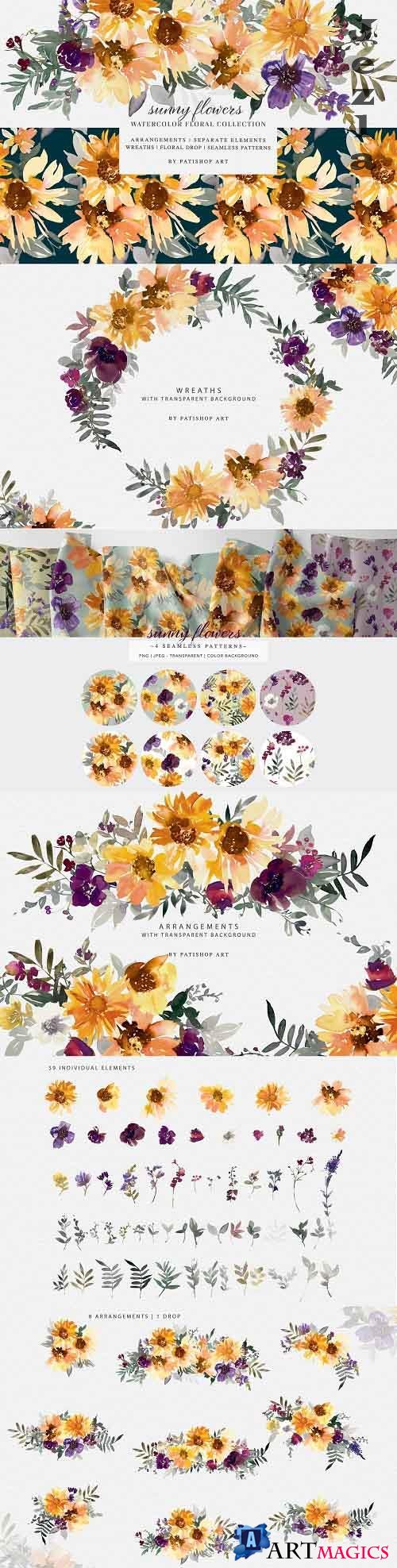 Watercolor Sunflower Clipart Set - 5158957