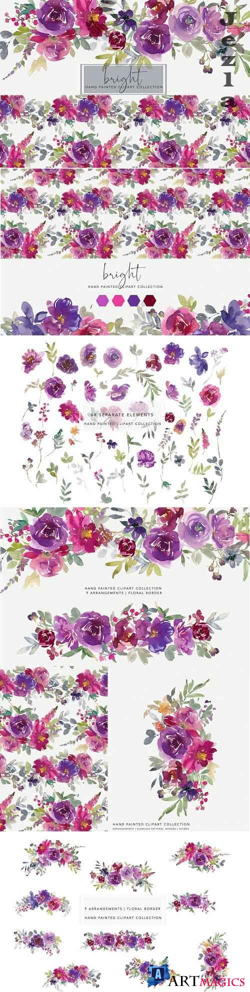 Purple and Magenta Watercolor Floral Clipart Set - 730786