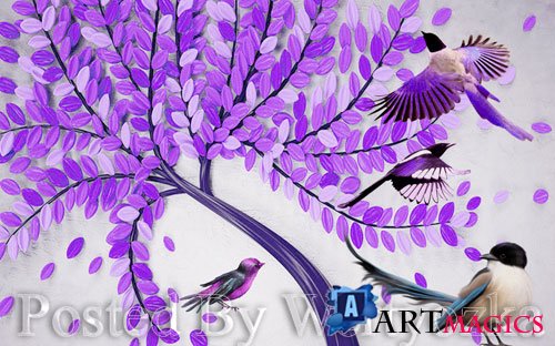 3D psd models modern beautiful hand painted embossed fortune tree bird tv background wall
