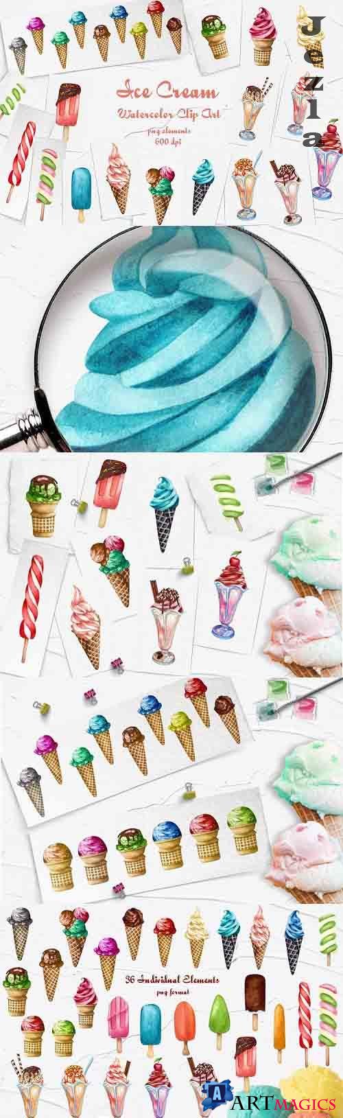 Ice Cream Watercolor Clip Art. PNG 600dpi  - 686992