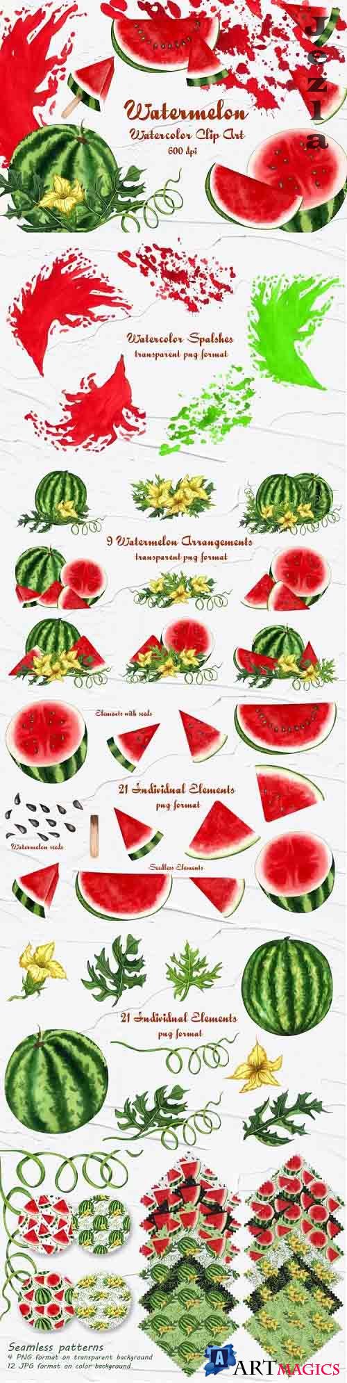 Watermelon Watercolor Clip Art 600dpi  - 701910