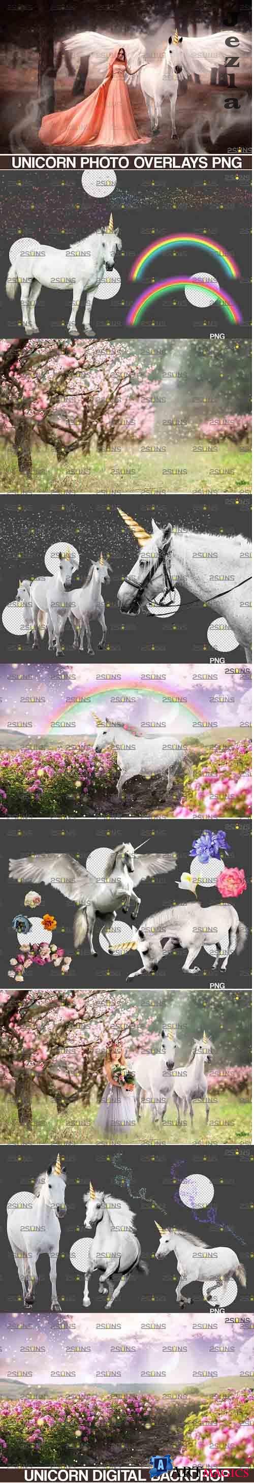 Unicorn overlay & Flower backdrop, White Horse png overlays - 738327
