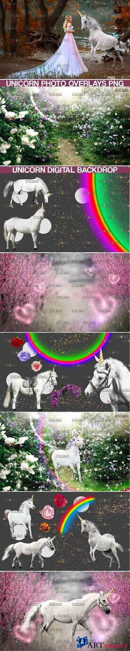 Unicorn overlay & Flower backdrop, White Horse png overlays - 738331
