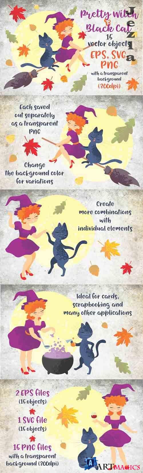 Pretty witch and black cat. Halloween clip art - 746504