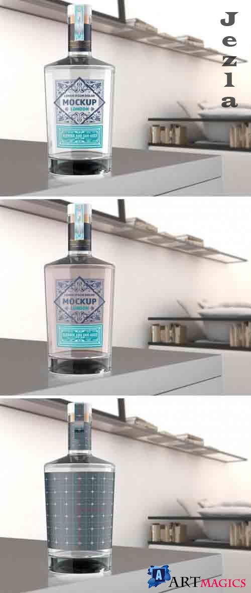 Clear Glass Gin Bottle Mockup with Room Scene 364551433
